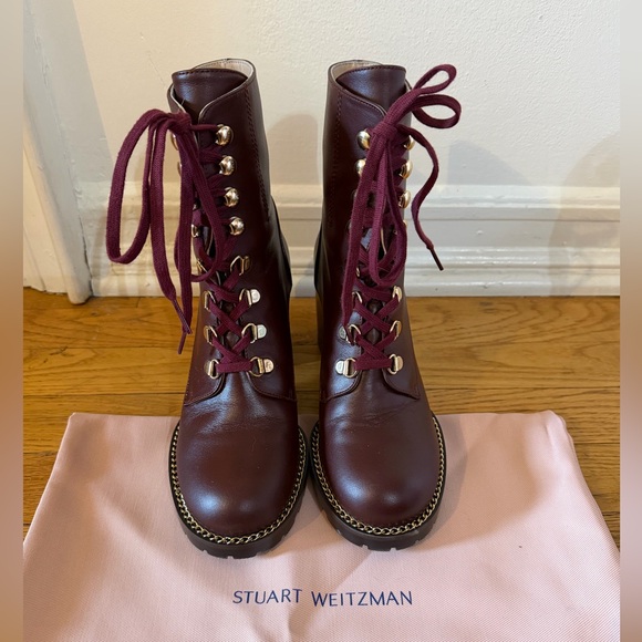 Stuart Weitzman Shoes - Stuart Weitzman Wine/Burgundy Lace-Up Leather Boots with Gold Chain Trim